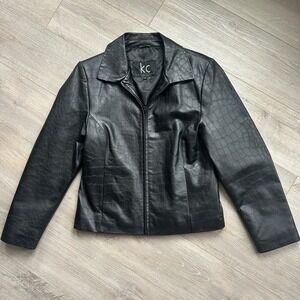 KC Collections  Women's Leather Jacket Crocodile Print Size Medium‎ Black